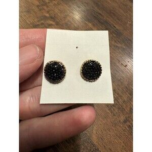 Black round stud earrings with gold trim, fashion costume style